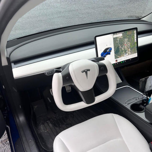 White Leather Yoke Steering Wheel for Tesla Model 3 / Y